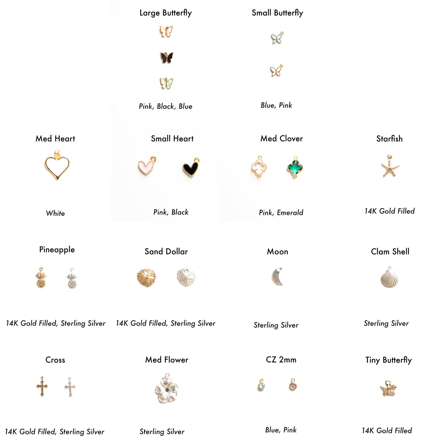 Collection of various jewelry charms with names and color options on a white background