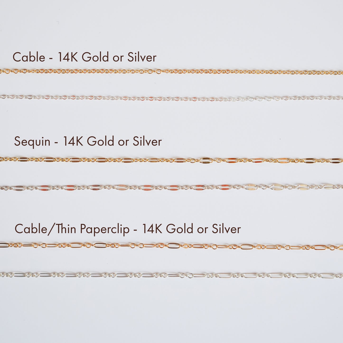 Comparison of gold and silver chain styles on a white background
