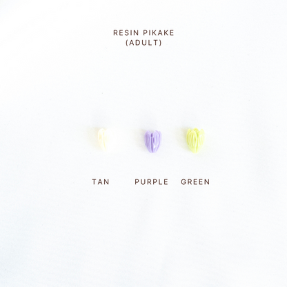 Color swatches for Resin Pikake in Tan, Purple, and Green on a white background.