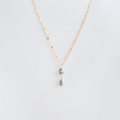 Necklace with two hanging keshi pearls on gold chain