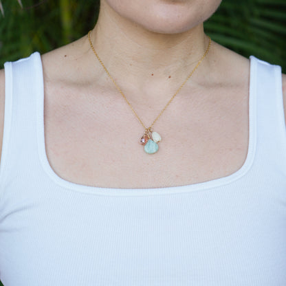 Triple Floating Pikake, Amazonite, Pink Quartz Necklace