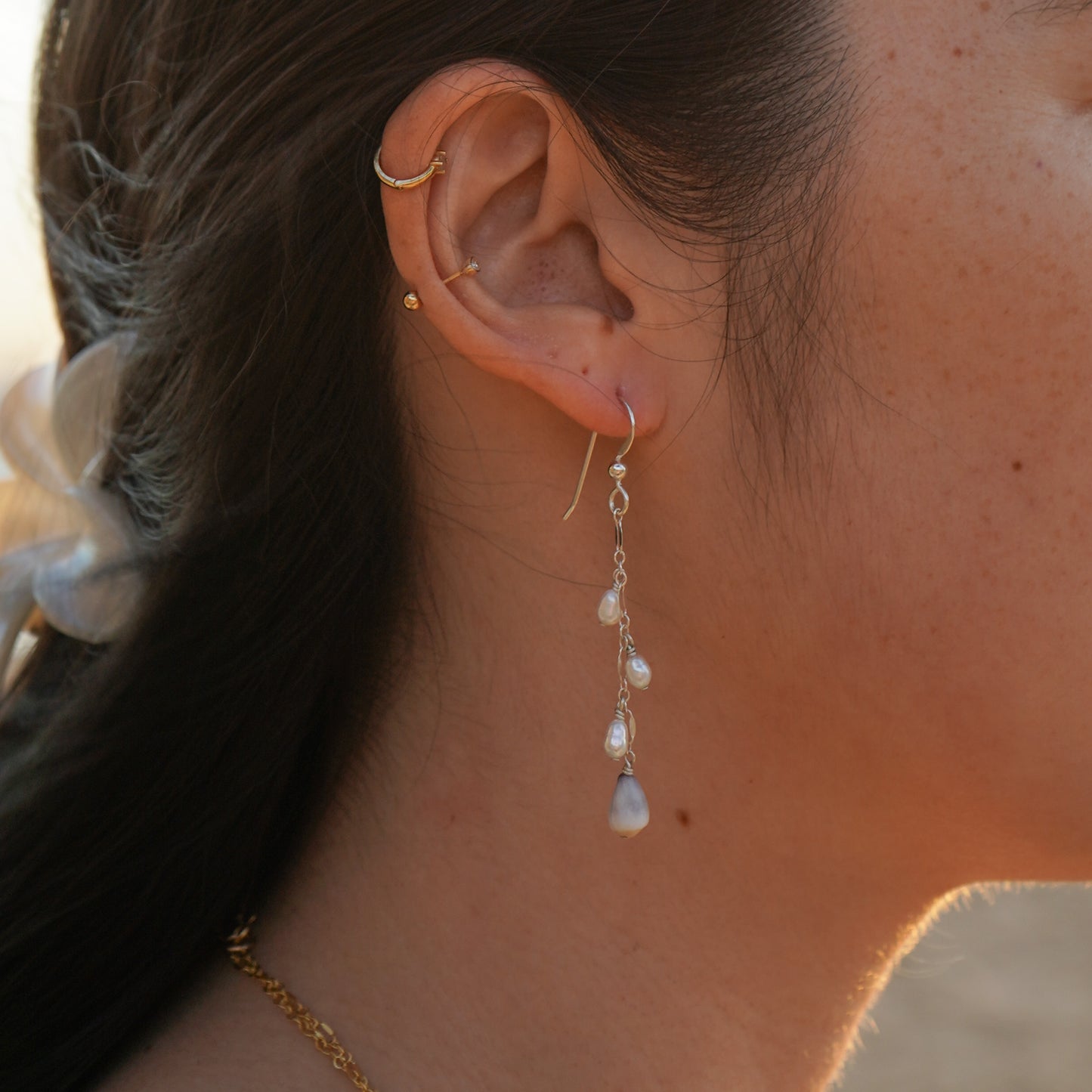 Tiny White Pearl & Cone Shell Dangle Earrings
