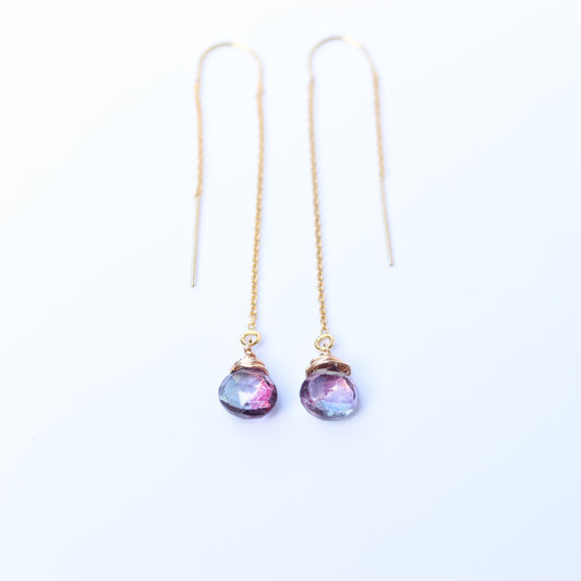 Pair of earrings with gemstone drops on a white background