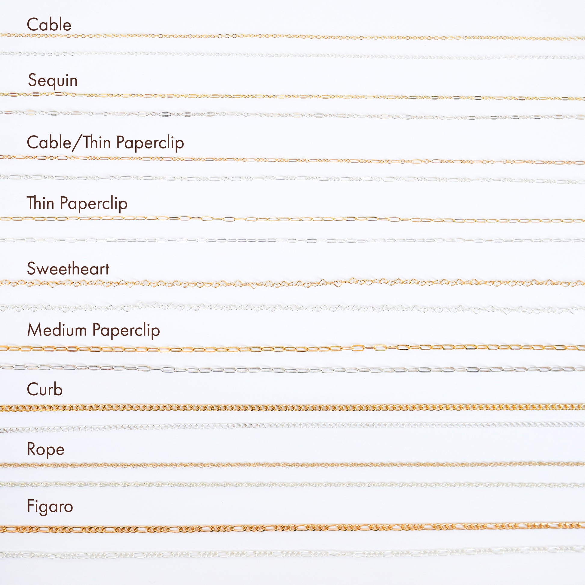 Comparison of necklace chain options on white background