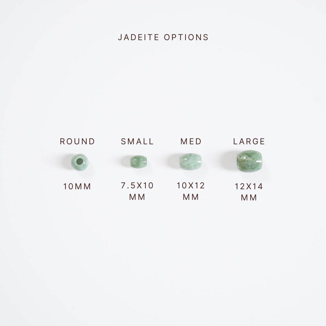 Jadeite options with size measurements on a white background