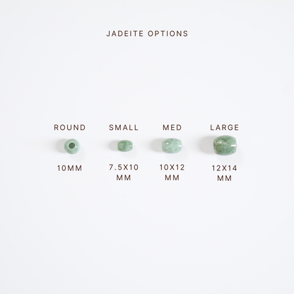 Jadeite options with size measurements on a white background