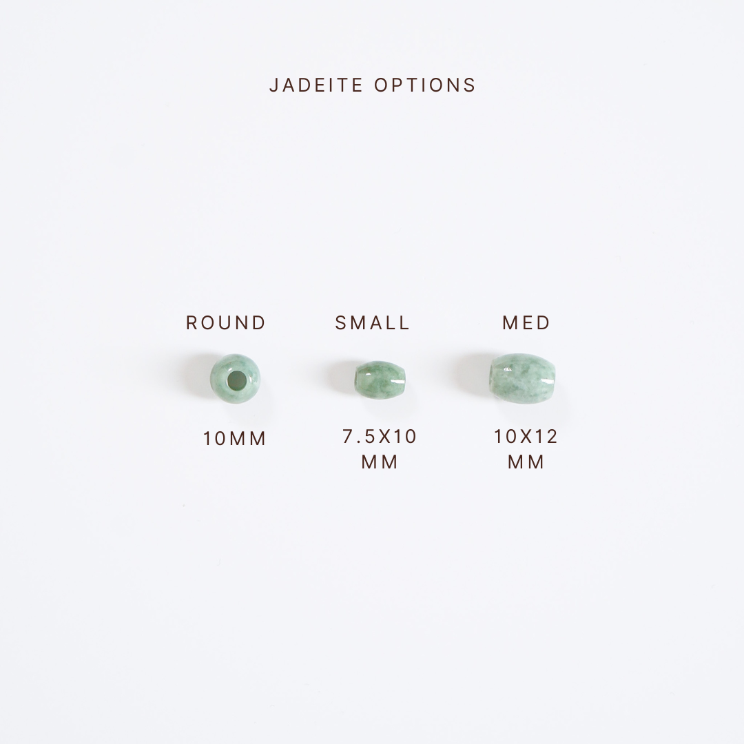 Jadeite options with size measurements on a white background