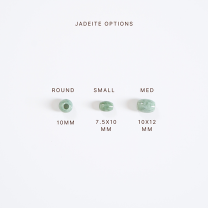 Jadeite options with size measurements on a white background